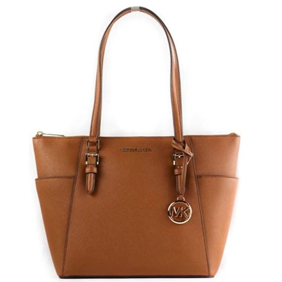 NWT Michael Kors Charlotte East West Gallery Leather Tote Handbag Luggage Tan